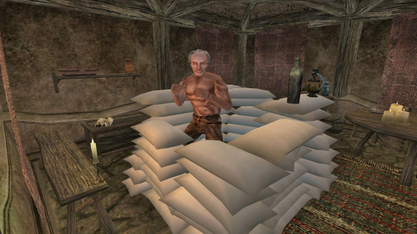 Caius Cosades in a pillow fort in Morrowind