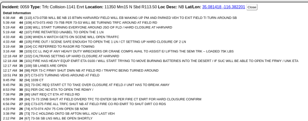 6:38 AM	45	[110] A73-075B WILL BE NB 15 BTWN HARVARD/ FIELD WILL EB WAKING UP PM AND PARKED VEH TO EXIT FIELD TI TURN AROUND SB
5:39 AM	44	[109] A73-073 AND 73-75B PER 73-S3 WILL BE TURNING TRFC AROUND AT FIELD RD
5:19 AM	43	[108] WILL START TURNING EVERYONE AROUND JSO OF FLD / HARD CLOSURE AT HARVARD
5:19 AM	42	[107] FIRE RETARTED UNABEL TO OPEN THE 1 LN
4:33 AM	41	[106] WHEN A WATCH GETS ON SCENE WILL OPEN TRAFFC
4:33 AM	40	[105] FIRE OUT / SCENE SAFE ENOUGH TO OPEN THE 1 LN / CT SETTING UP HARD CLOSURE OF 2 LN