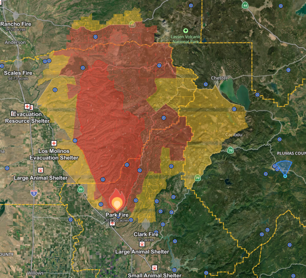 Gigantic fire which stretches across Butte/Lassen County on a map with lots of red and yellow for fire perimeter, evacuations, evacuation warnings