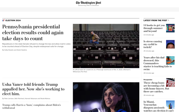 A picture of the WaPo front page has the story about Trump's comments above the fold with a headline: "Trump Calls Harris a 'Bum,' Complains about Biden."