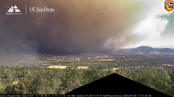 Cam capture, watermarked UC San Diego, of the

#ParkFire 

#Shingletown cam

Watch Duty Wildfire Map

https://app.watchduty.org/camera/1745