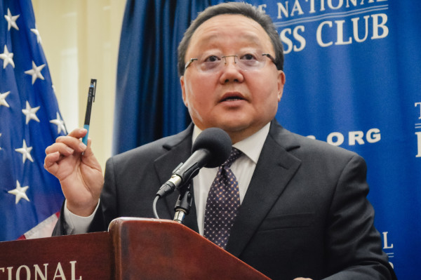 Tsakhiagiin Elbegdorj standing at a lectern at National Press Club, 25 July 2024