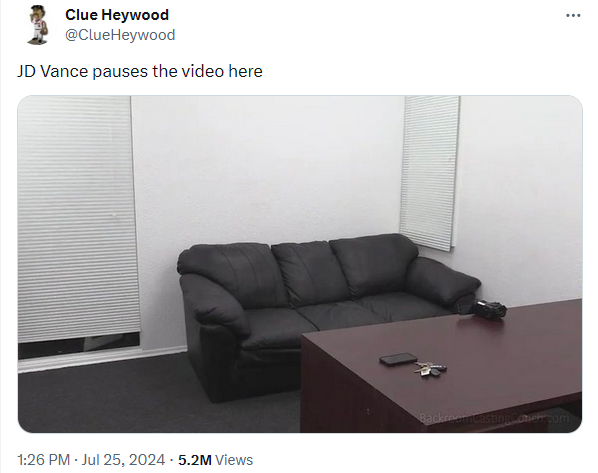 A post from "Clue Heywood" that says "JD Vance pauses the video here." It's a picture of the office with a couch and desk that's used in a bunch of casting genre pornos