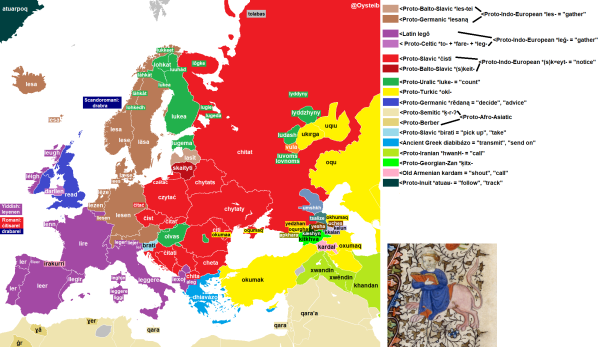 Map of Europe with the word for "read" in various languages.