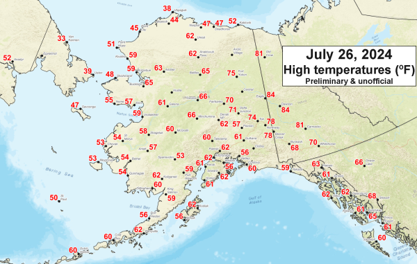 Map centered on Alaska showing site-specific high temperatures on Friday, July 26, 2024. 