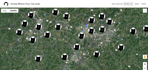 A screenshot of the website "I know where your cat lives" showing hundreds of cats in the Piedmont North Carolina area. I found pictures of my cat in this collection posted to Flickr.