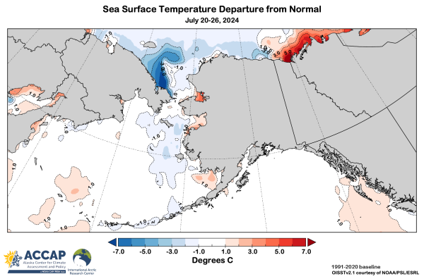 Map centered on Alaska showing sea surface temperature departures from the 1991-2020 baseline average for the week of July 20-26, 2024. 