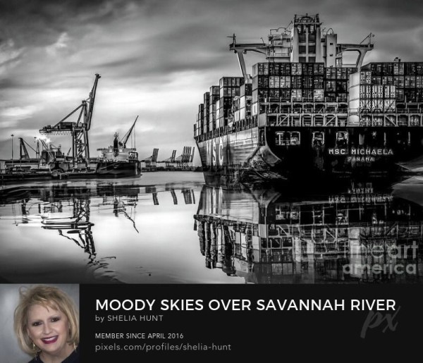 Large cargo vessel gliding through the waters of the Savannah River near dusk with storm clouds looming ahead. There is a stunning reflection in the river in this scene. at Savannah, Georgia. Black and white image from the Fine Art Gallery of Shelia Hunt.