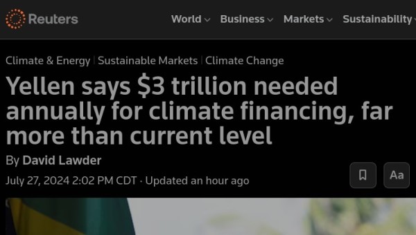 Yellen says $3 trillion needed annually for climate financing, far more than current level

By David Lawder

