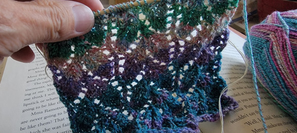 Multicolored knitted lace in leafy pattern 