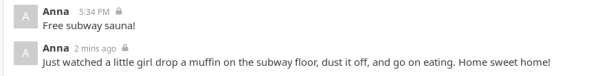 Anna: Free subway sauna!
Anna: Just watched a little girl drop a muffin on the subway floor, dust it off, and go on eating. Home sweet home!