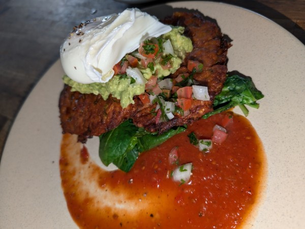 Corn fritters with egg avocado and spinach