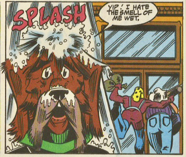 In the foreground is Green Lantern, G’nort as water falls on his head. In the background, the Fisherman and an unidentifiable villain run for a door with sacks full of money. G’nort says, “Yip! I hate the smell of me wet”