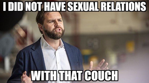 J D Vance looking defensive, saying I did not have sexual relations with that couch