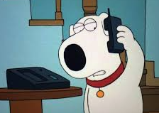 the dog Brian from Family Guy on the phone looking annoyed ; notorious alcoholic