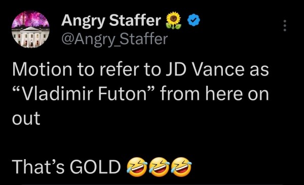 Post from "Angry Staffer" on X that reads "Motion to refer to JD Vance as "Vladimir Futon" from here on out 

That's GOLD (image of 3 crying-laughing emojis)