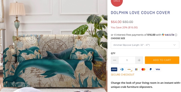 screenshot of a “dolphin love couch cover” on sale for $64. it features pictures of dolphins over a pattern suggestive of an old timey map (big compass rose, pictures of ships, parchment texture)