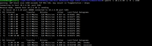 Iperf screenshot showing 528 Mbps of throughput and no dropped packets in a ten-second test