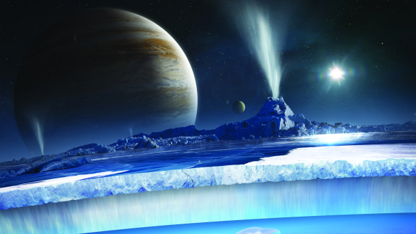 Illustration of Europa&#039;s surface and water under it&#039;s ice crust%2D with the Europa clipper flying ahead and Jupiter in the background.