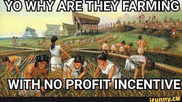 A painting of a rural community engaged in farming. In the background are thatched-roofed longhouses raised on stilts.

Superimposed over the painting are the words “yo why are they farming with no profit incentive.”