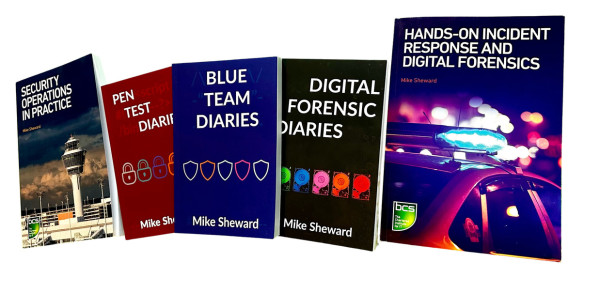 A selection of Mike Sheward books, including:

Security Operations in Practice
Pen Test Diaries
Blue Team Diaries
Digital Forensic Diaries
Hands-on Incident Response and Digital Forensics