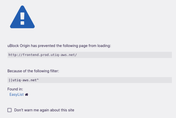 Captura de pantalla de un aviso de uBlock Origin al intentar ir al dominio frontend.prod.utiq-aws.net. Está bloqueado por la lista EasyList (que no recuerdo si es de las que se cargan por defecto.)