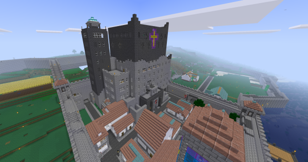 Large building which looks like a church in a voxel video game.