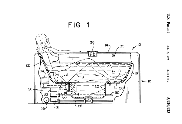 Schematic illustration showing a woman reclined in a bath-shaped object upon a seat. There are pipes and tubes around the body. 