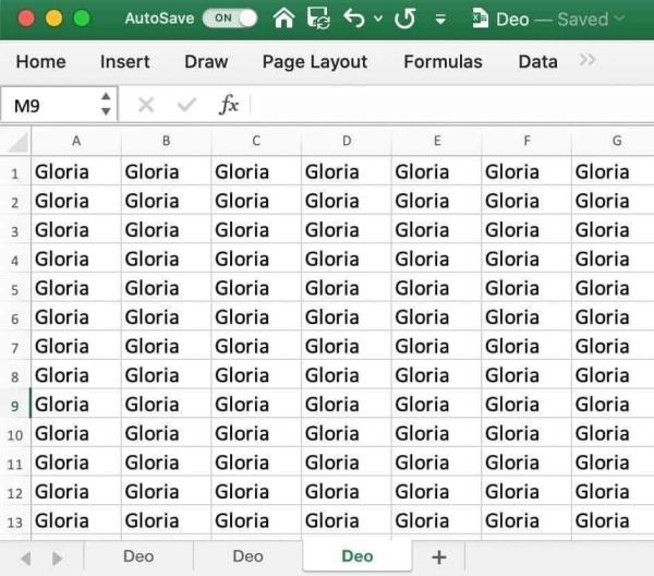 An excel spreadsheet where every cell has the word Gloria 