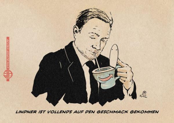 Illustration von Lindner, der genüßlich mit einem Strohhalm aus einer Tasse in Form einer Toilettenschüssel mit AfD Logo trinkt. Textzeile: Lindner ist vollends auf den Geschmack gekommen.