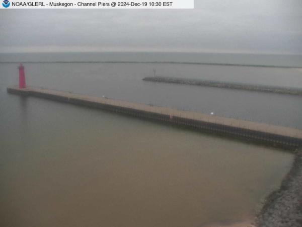 View of Muskegon Channel piers jutting out into Lake Michigan. // Image captured at: 2024-12-19 15:30:01 UTC (about 4 min. prior to this post) // Current Temp in Muskegon: 29.38 F | -1.46 C // Precip: overcast clouds // Wind: ESE at 5.995 mph | 9.64 kph // Humidity: 78%