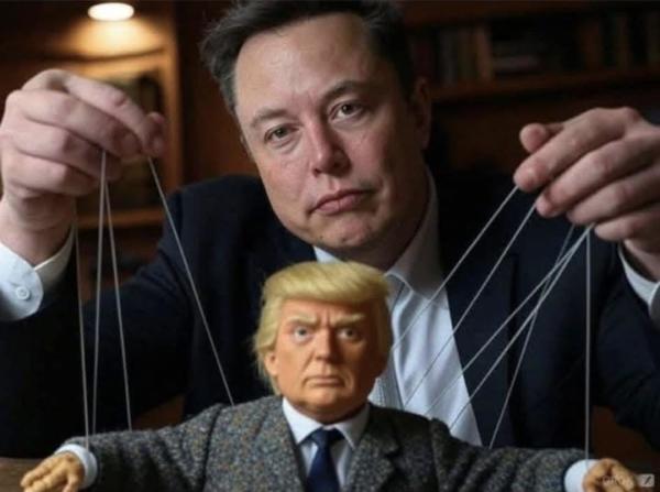 elon musk holding the strings of a donald trump puppet