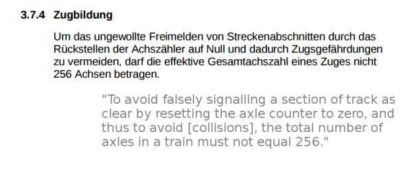 to avoid falsely signalling a section of track as clear by resetting the axle counter to zero, and thus to avoid collisions, the total number of axles in a train must not equal 256