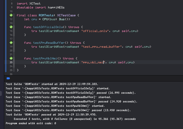 Screencap from Xcode showing the source code for a test suite, which runs three of blargg's test ROM through my emulator, and the results below showing that all three passed