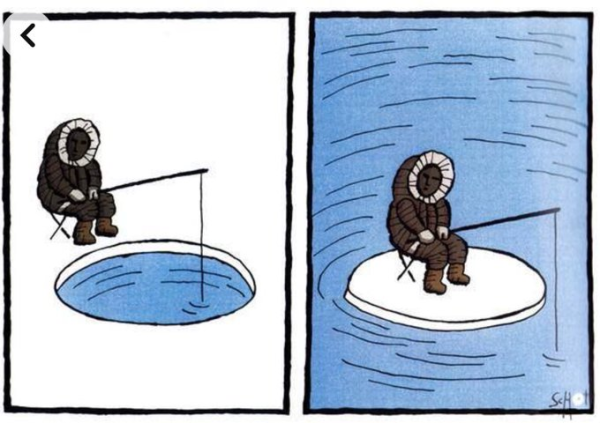 A cartoon. The first frame shows an Inuit fishing with a rod and line through a hole in the ice. The second frame shows an Inuit fishing with a rod and line sitting on an ice floe in the middle of the sea