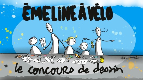 "Emeline à vélo, le concours de dessin"
3 enfants et leurs parents derrière une table recouverte de feuilles de dessin et de stylos et feutres.