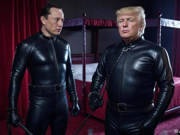 Musk and Trump in leather, with Trump on leash held by Musk.