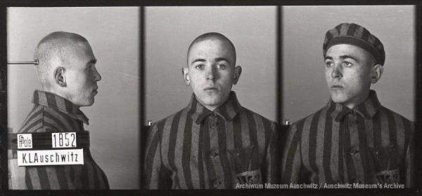 A mugshot registration photograph from Auschwitz. A man with a shaved head wearing a striped uniform photographed in three positions (profile and front with bare head and a photo with a slightly turned head with a hat on). The prisoner number is visible on a marking board on the left.