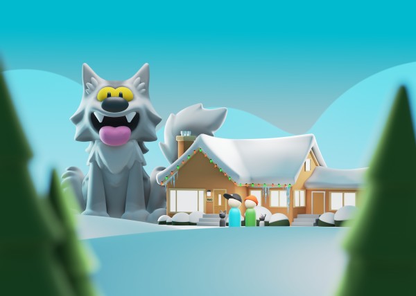 3D render of a small house dwarfed by a gigantic cat. In the front lawn is the rest of the family, including the other two cats (Frank & Ramona).