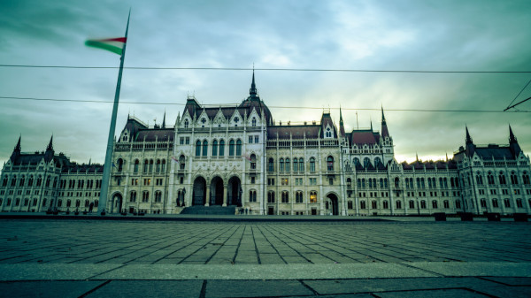 Long exposure of National Assembly with hungarian flag, Budapest, Hungary, 2023