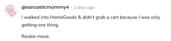 A social post from @sarcasticmommy4 that says:
I walked into HomeGoods & didn't grab a cart because I was only
getting one thing.
Rookie move.