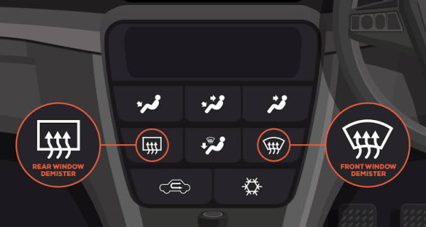 Car climate control symbols, with feom ans rear demisting buttons circled