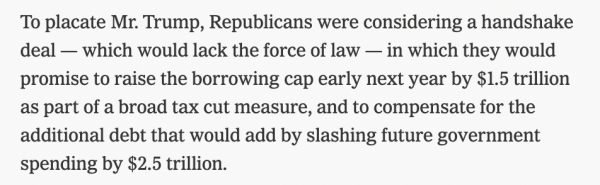 To placate Mr. Trump, Republicans were considering a handshake deal — which would lack the force of law — in which they would promise to raise the borrowing cap early next year by $1.5 trillion as part of a broad tax cut measure, and to compensate for the additional debt that would add by slashing future government spending by $2.5 trillion.