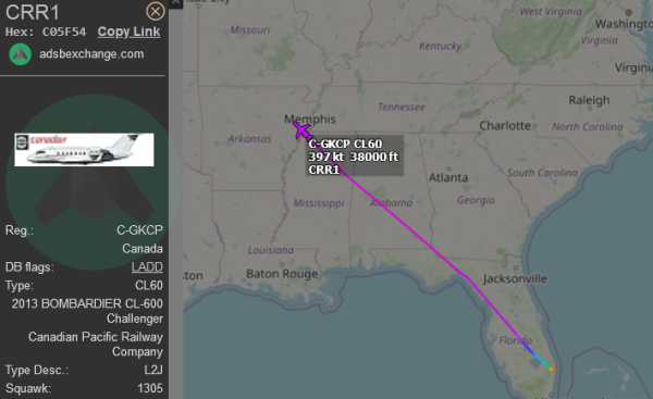 ADSB Exchange screenshot showing C-GKCP registered to Canadian Pacific Railway Company having departed Palm Beach, perhaps after its executive(s) slobbered all over Donald Trump's shriveled little ding dong