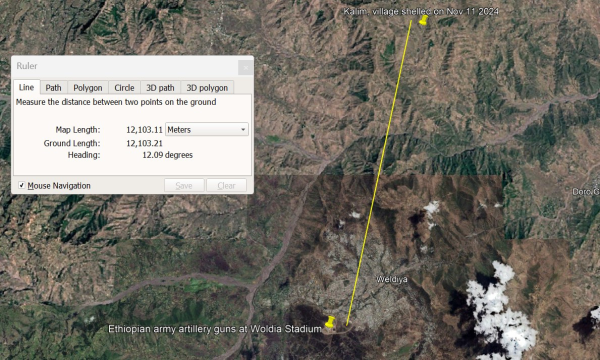 Map showing the distance between Woldia Stadium, and the rural village of Kalim that was shelled on November 11th 2024, causing the deaths of five people.