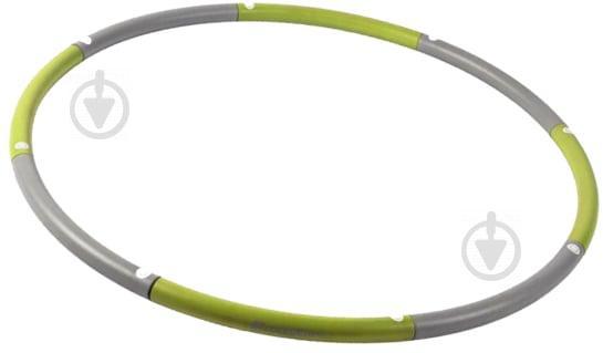 photo of weighted hula hoop that has lime green and light gray sections and white circles (that you put pressure on to pull the sections apart for storage)