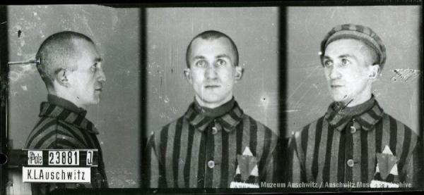 A mugshot registration photograph from Auschwitz. A man with a shaved head wearing a striped uniform photographed in three positions (profile and front with bare head and a photo with a slightly turned head with a hat on). The prisoner number is visible on a marking board on the left.