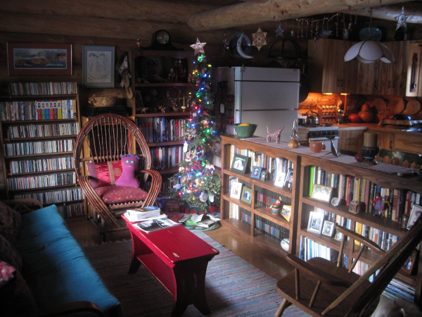 Interior of an Alaska cabin decorated for the holidays. 