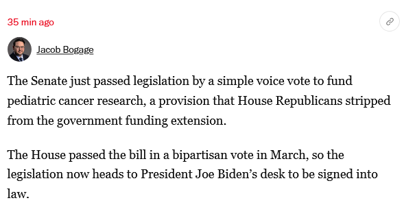 Snip of new from the WaPo.

The Senate just passed legislation by a simple voice vote to fund pediatric cancer research, a provision that House Republicans stripped from the government funding extension.

The House passed the bill in a bipartisan vote in March, so the legislation now heads to President Joe Biden’s desk to be signed into law.