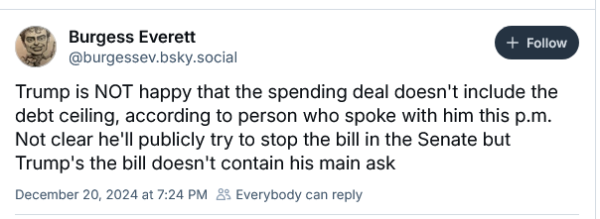 Post by Burgess Everett, Congressional bureau chief at Semafor. Former Politico -
Trump is NOT happy that the spending deal doesn't include the debt ceiling, according to person who spoke with him this p.m. Not clear he'll publicly try to stop the bill in the Senate but Trump's the bill doesn't contain his main ask